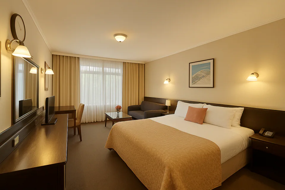 Queen bed, sofa and writing desk in a ground-floor Garden View room