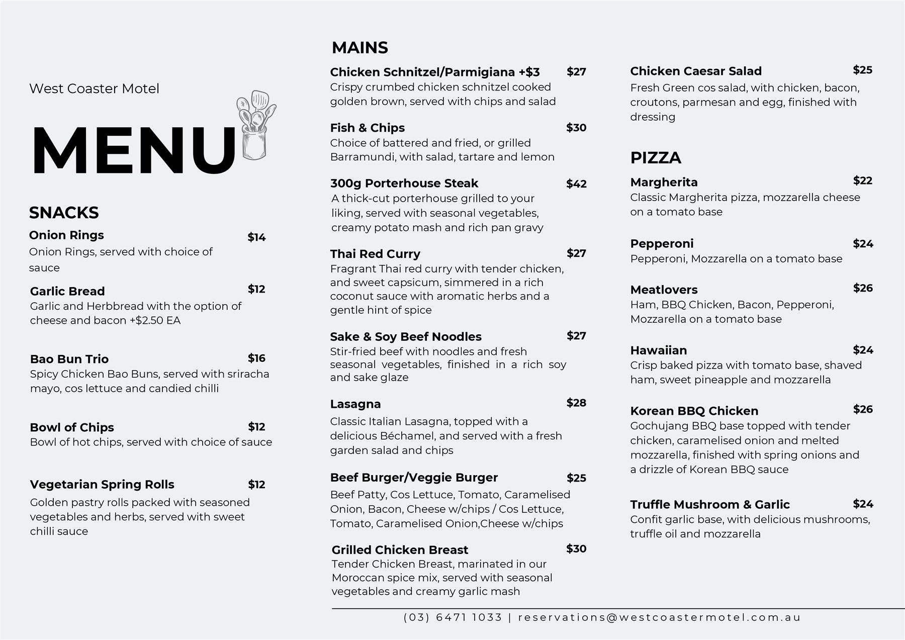Winter 2026 menu page 1 showing snacks, mains, and pizzas.