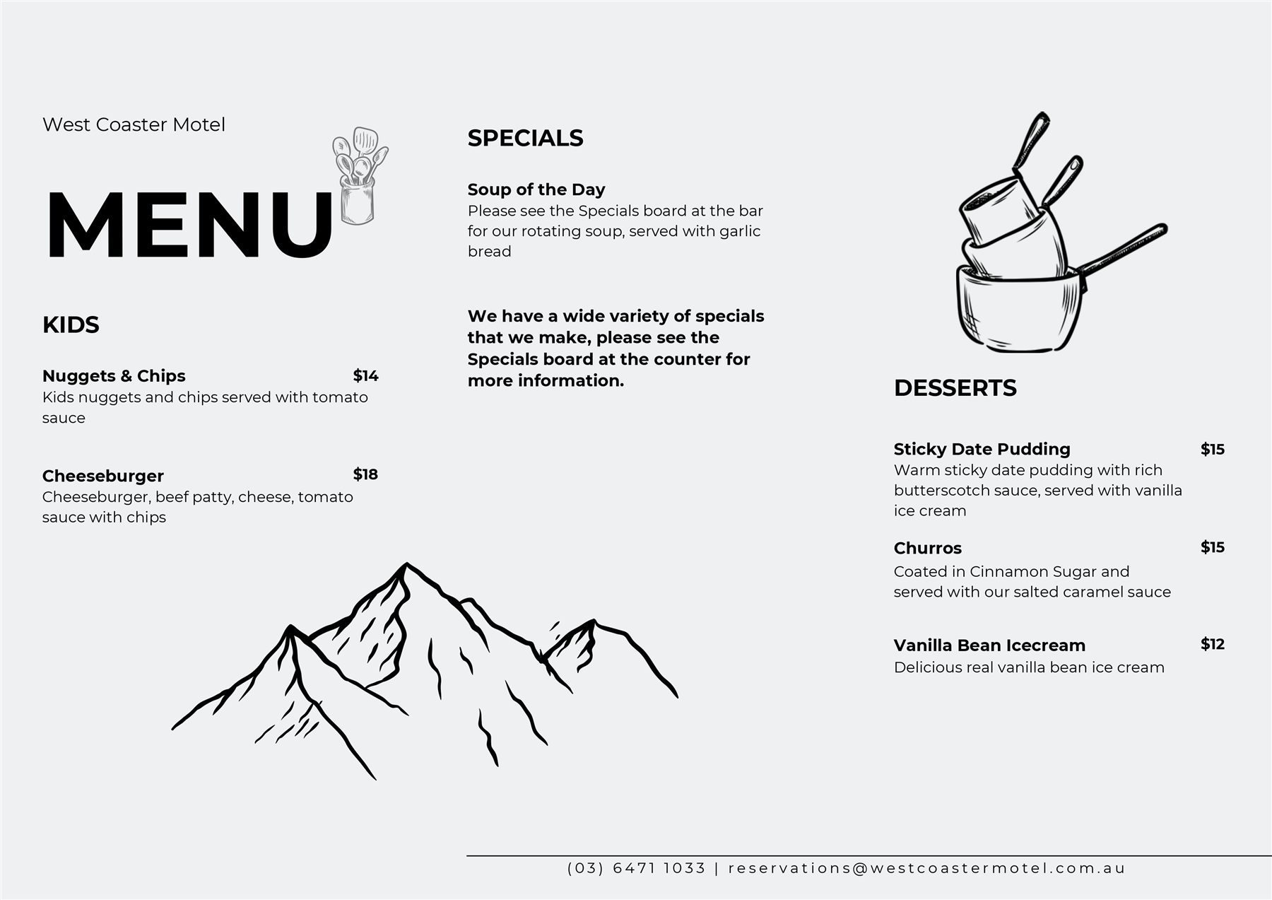 Winter 2026 menu page 2 showing kids meals, specials, and desserts.